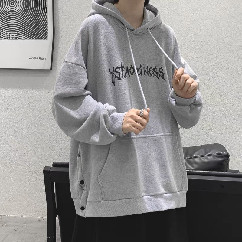 Áo Hoodie In Họa Tiết phối nút bấm chất nỉ bông dày dặn 3 màu Trắng Xám Đen chuẩn form  unisex hình thật tại IN