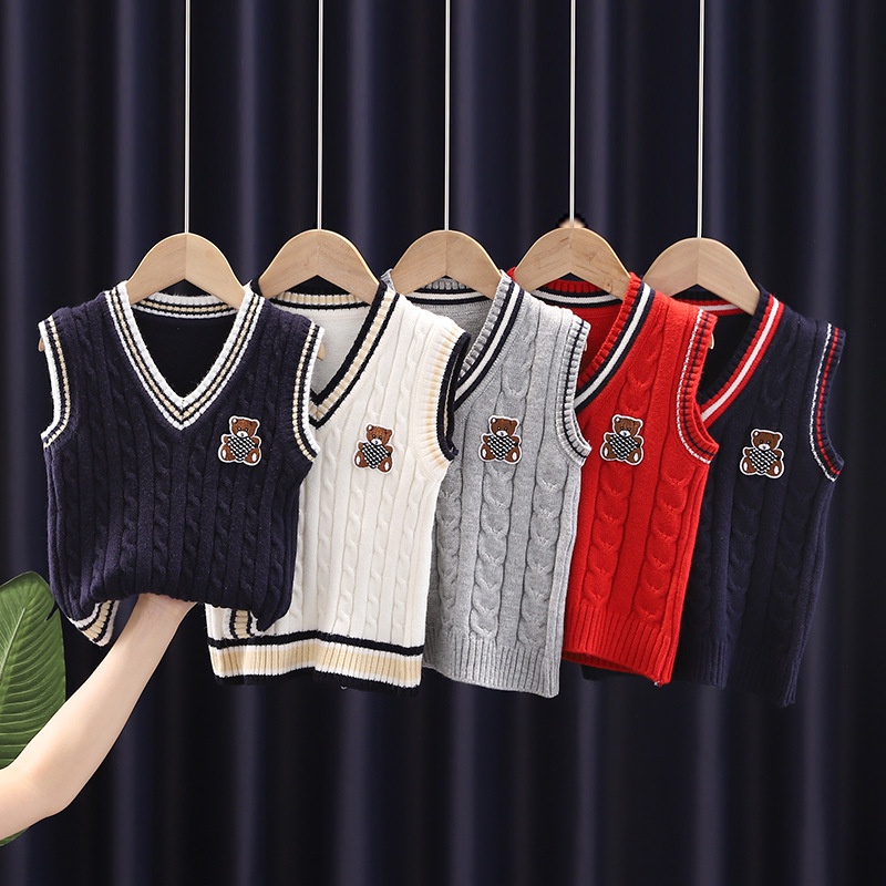 Áo Sweater Cotton Dệt Kim Cổ V Không Tay Thời Trang Mùa Thu Cho Bé