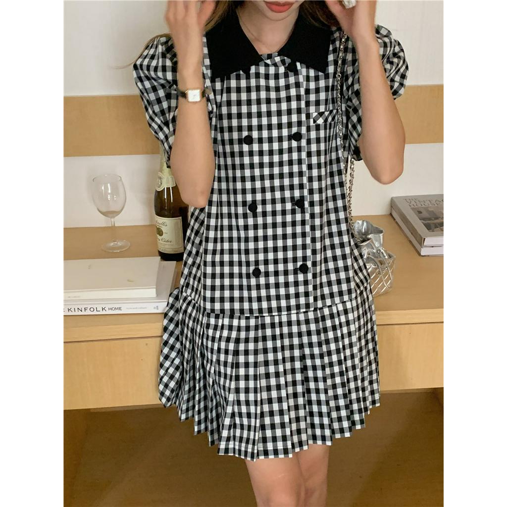 Đầm Sọc Ca Rô Ngắn Tay Xếp Ly Kiểu Retro Thời Trang Quý Phái 62065