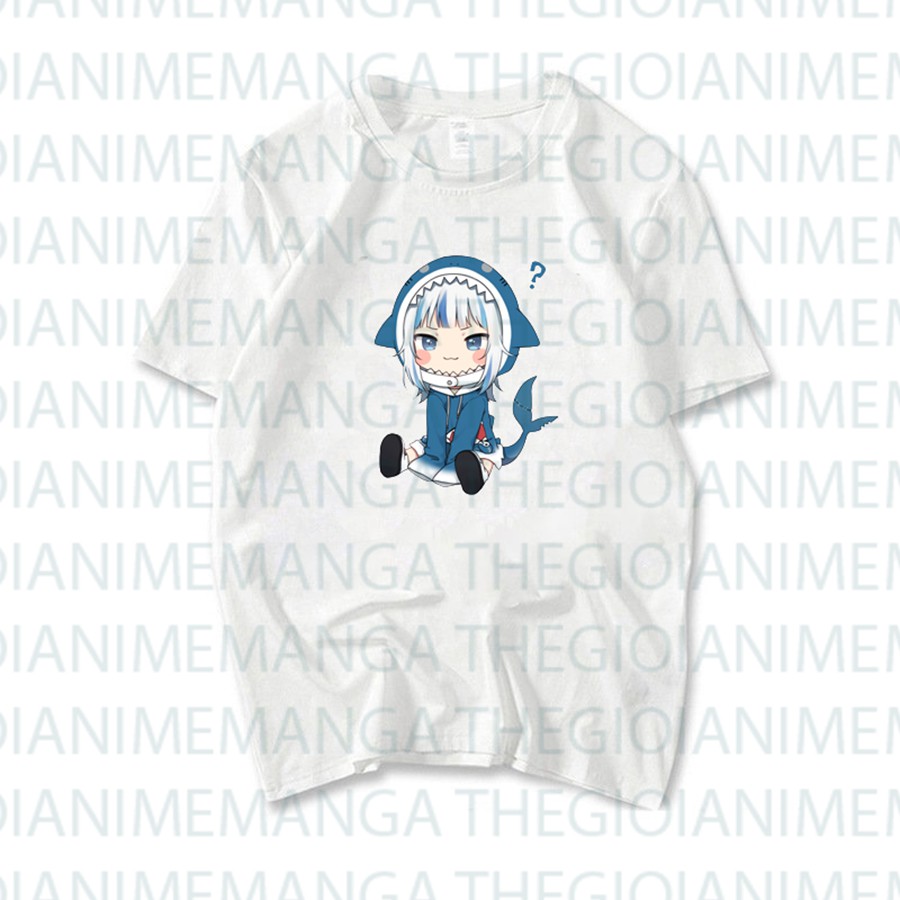 Áo thun phông đen trắng in hình GAWR GURA Hololive Vtuber thời trang xinh xắn cá tính anime chibi
