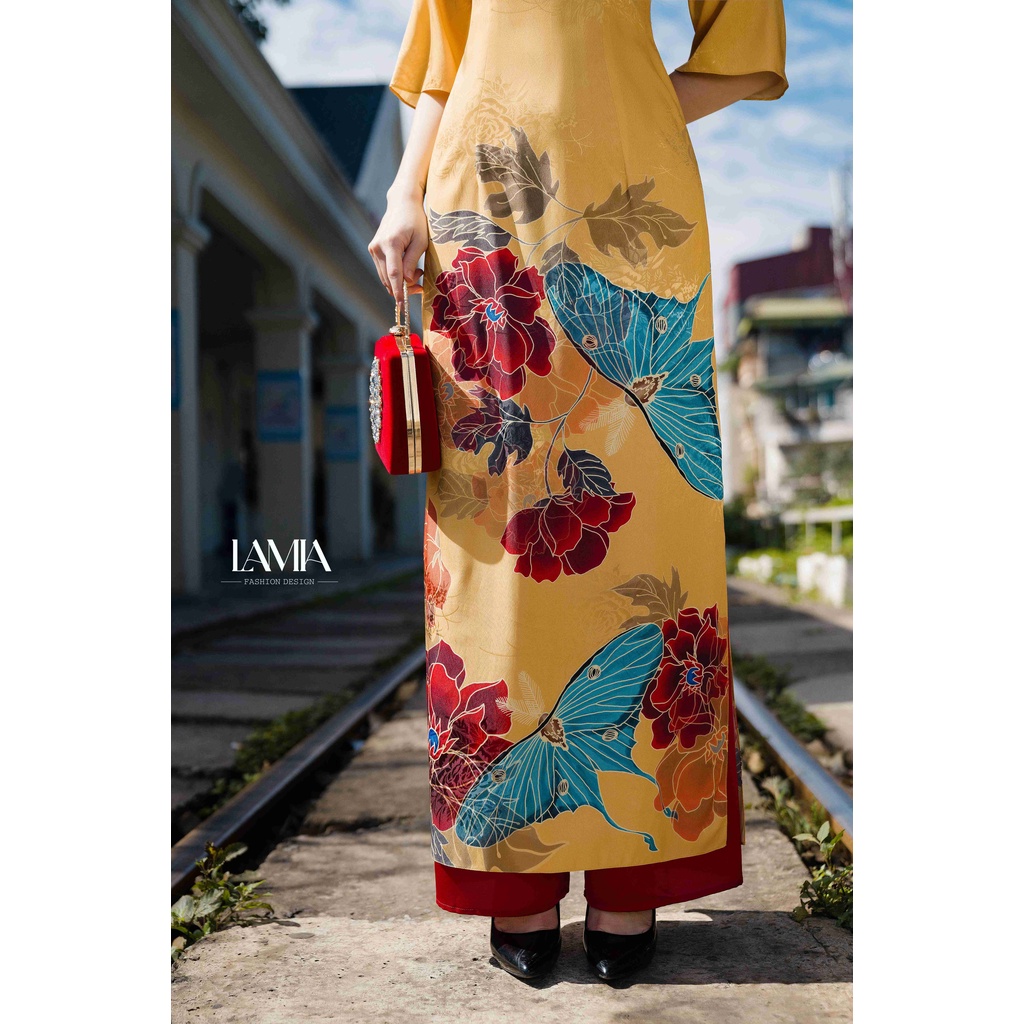 SET ÁO DÀI LỤA GẤM VÀNG IN HỌA TIẾT LAMIA DESIGN AD049