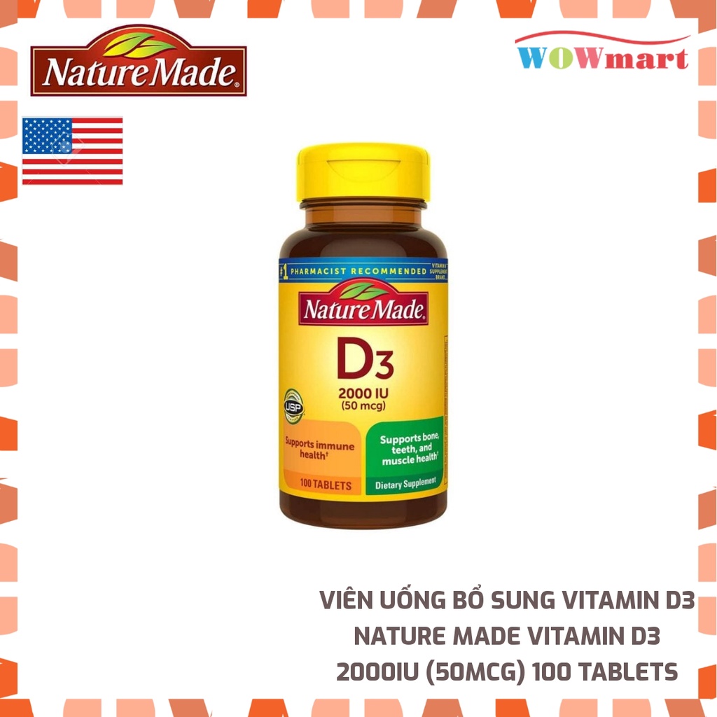 Viên uống bổ sung Vitamin D3 Nature Made Vitamin D3 2000IU (50mcg) 100 Tablets