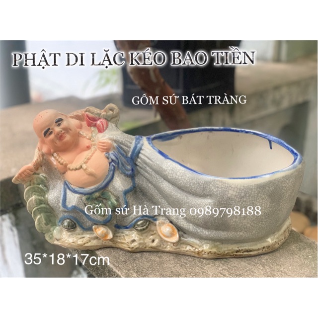 TƯỢNG PHẬT DI LẶC KÉO BAO TIỀN  TƯỢNG TRỒNG CÂY BONSAI  GỐM SỨ BÁT TRÀNG CAO CẤP