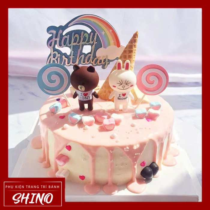 Đồ chơi gấu và thỏ Line trang trí bánh