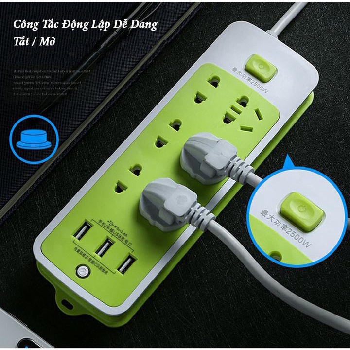 Ổ Cắm Điện Đa Năng Chống Giật 6 Ổ Cắm Và 3 Cổng USB An Toàn Sử Dụng