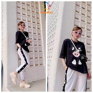 Set Áo Thun Form Rộng BÒ SỮA COW Và Quần Jogger Thể Thao Sọc - VIET_STAR