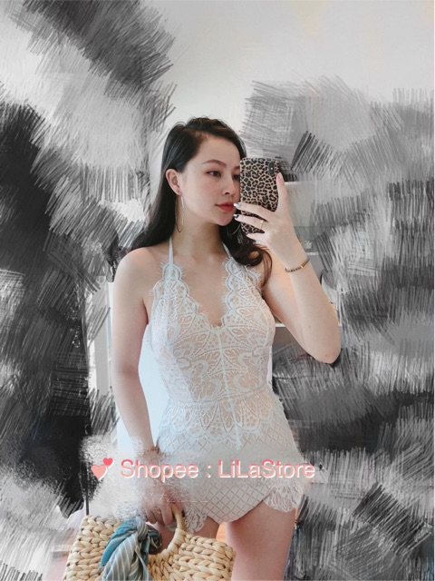 Bikini đi biển ren trắng sang xịn - TẶNG HOA CÀi