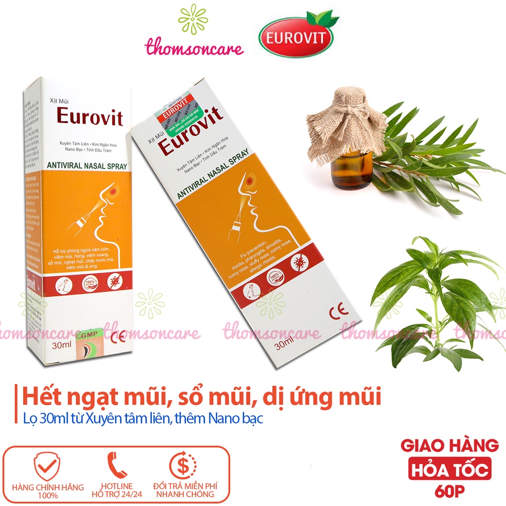 Xịt mũi Eurovit giúp giảm ngạt mũi, thông mũi, phòng ngừa cảm cúm - Lọ 30ml từ xuyên tâm liên, thêm nano bạc