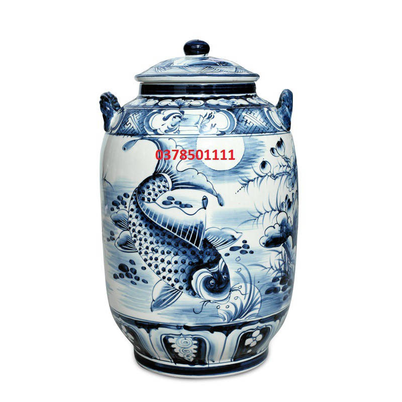 Hũ gạo men lam Bát Tràng cảnh cá chép trăng rằm 15L