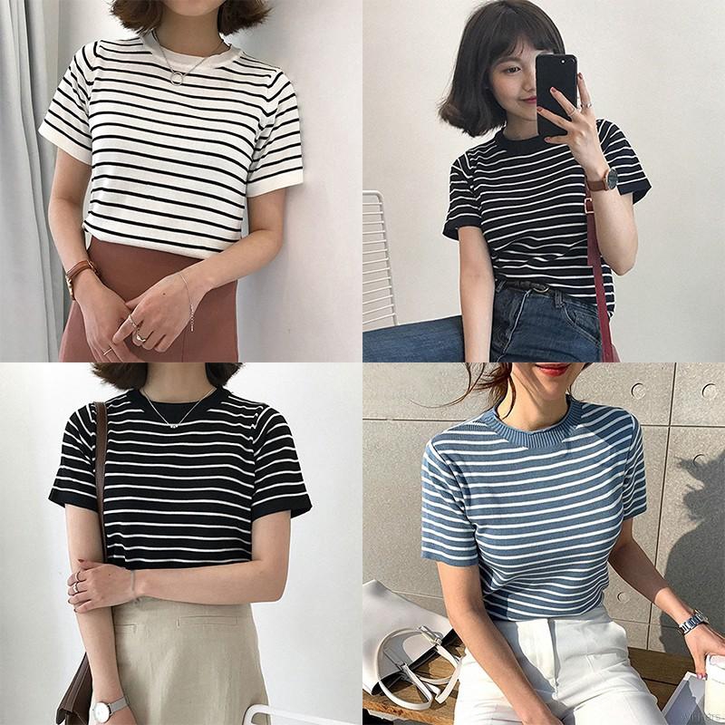 Áo Dệt Kim Ngắn Tay Cổ Tròn Kẻ Sọc Xinh Xắn Cho Nữ
