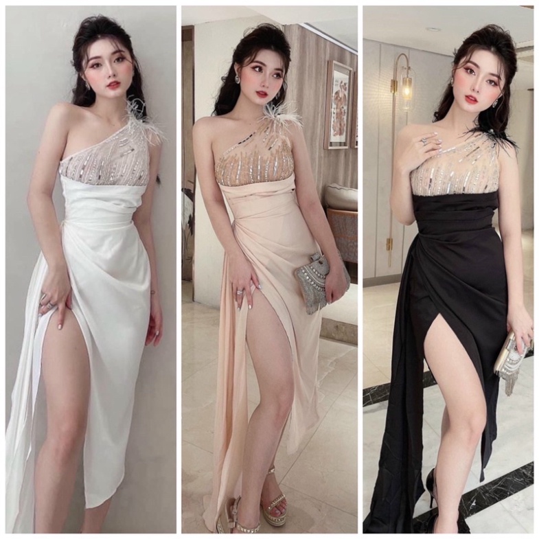 ✨Quảng Châu✨ Đầm body lệch vai phối lông công tua rua kết cườm tráng gương Sunnyy_mall - size