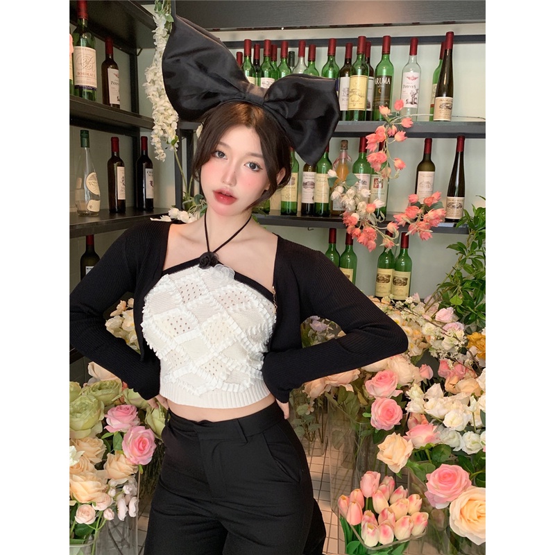 Bộ Áo Khoác cardigan Dệt Kim + Áo Hai Dây Màu Trơn Đơn Giản Thời Trang Hàn Quốc Cho Nữ