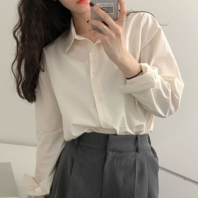 Áo sơ mi polo IELGY tay dài màu trơn phong cách Hàn Quốc thời trang cho nữ