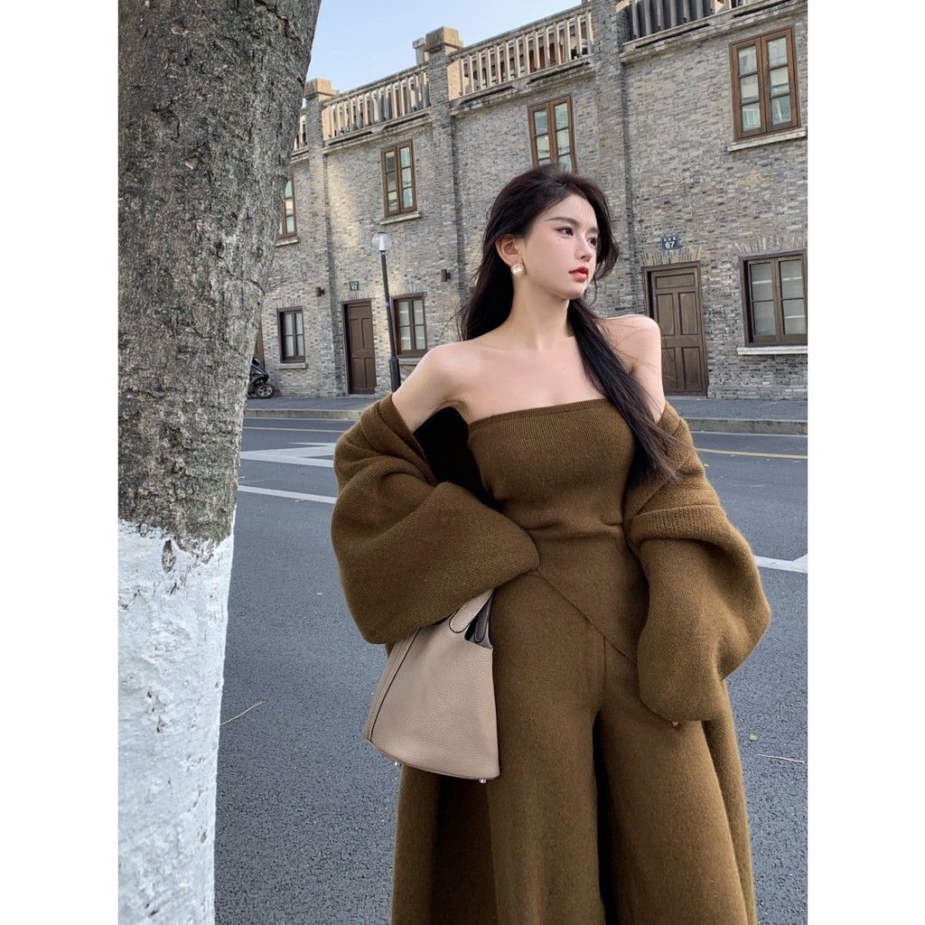 One-piece / suit autumn and winter new knitted medium-and long-style coat + irregular bra vest + long trousers