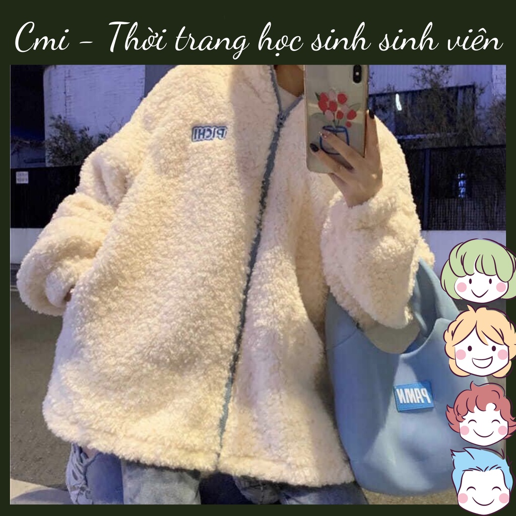 Áo khoác lông mùa đông oversize 2 màu trắng xám - Áo khoác nữ pichi cổ cao form rộng phong cách Hàn Quốc