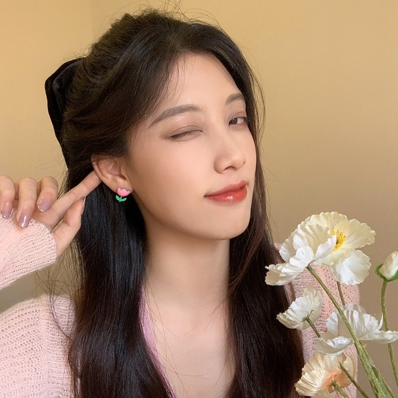 Bông Tai Mạ Bạc 925 Hình Hoa Tulip Hồng Dễ Thương Cho Nữ