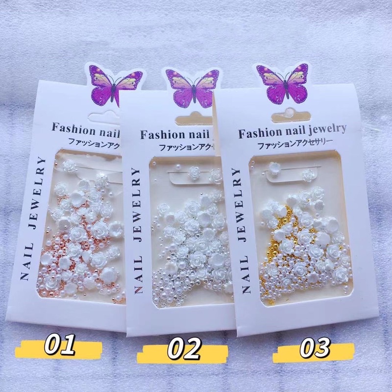 phụ kiện hoa hồng mix bi gắn móng tay nail 3 màu