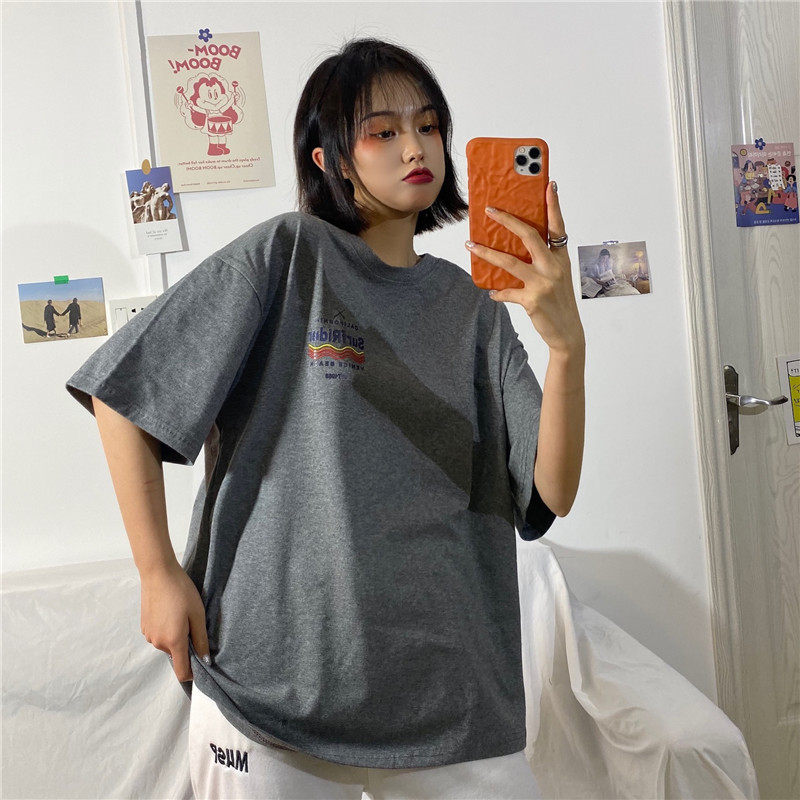 Áo thun tay ngắn dáng rộng in hình thời trang Hàn Quốc cá tính cho nữ