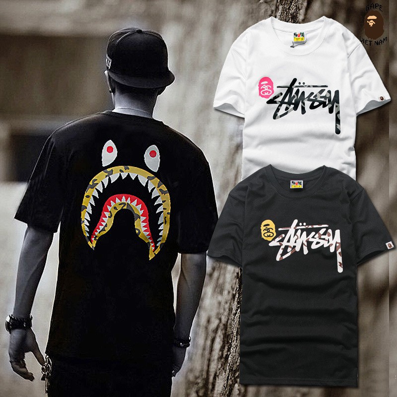 [Ảnh thật + FREESHIP] Tee Bape Shark x Stussy, Áo Thun Bape Cá Ngáo, Áo phông Bape Cá mập Bape VN