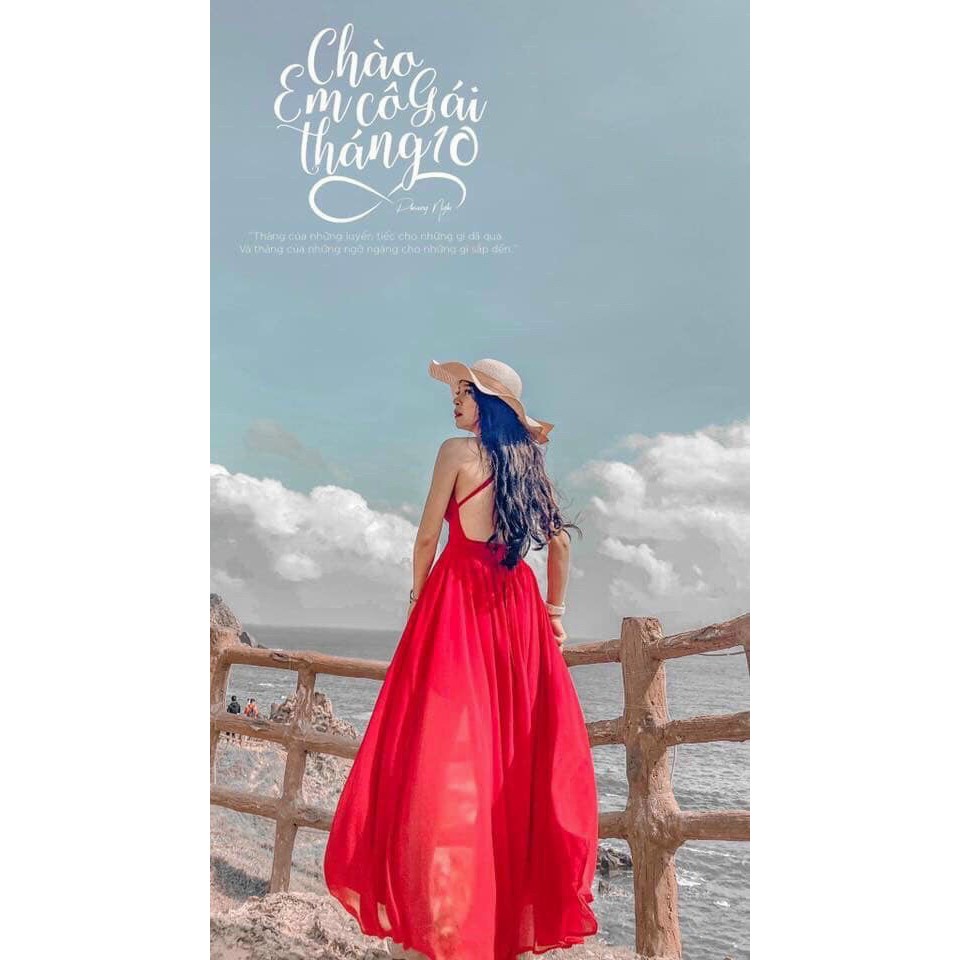 đầm maxi voan hở lưng màu đỏ lên tone sáng da sang chảnh cực đẹp m3453