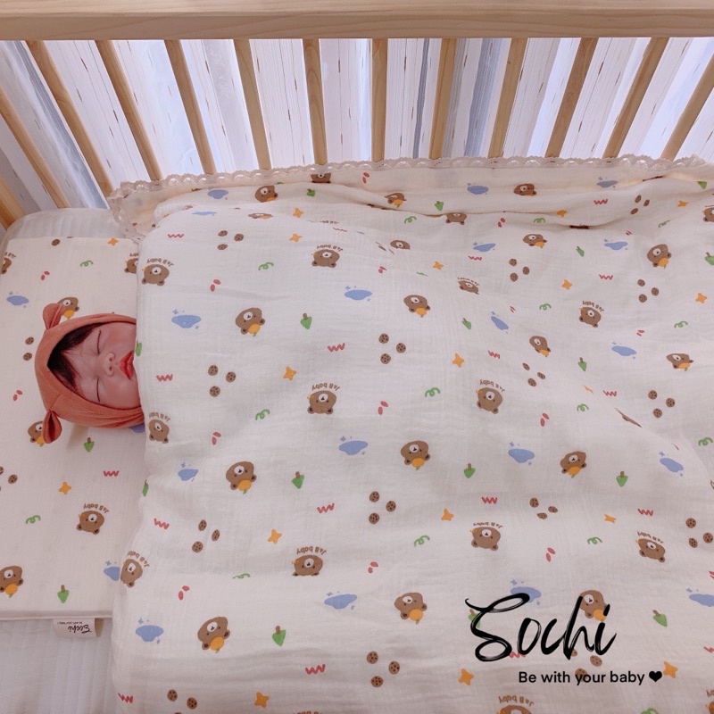 Chăn xô muslin có kèm ruột bông đắp 4 mùa họa tiết đáng yêu cho bé