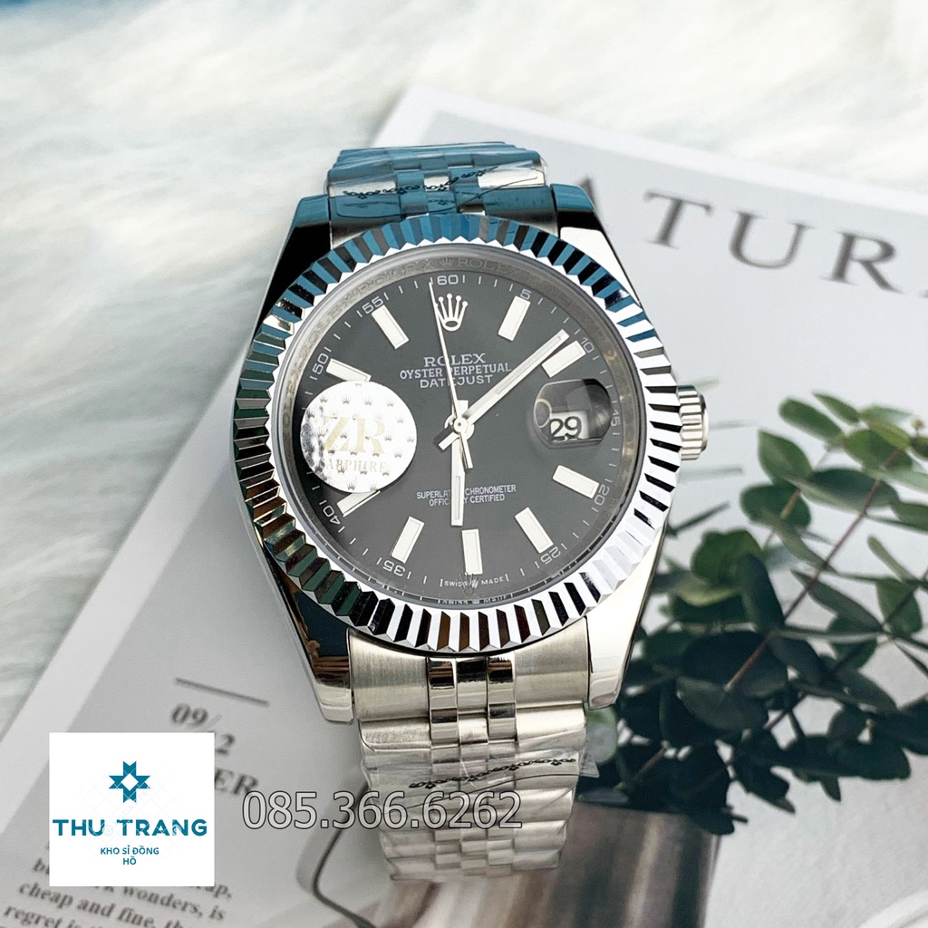 Đồng hồ nam Rolex cơ Automatic máy nhật mẫu đen dây thép trắng viền trơn size 39-40mm
