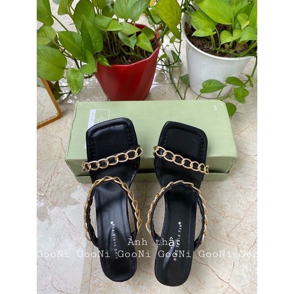 Guốc cao gót đế nhọn quai ngang mix xích vàng, bạc hottrend thời trang dành cho nữ