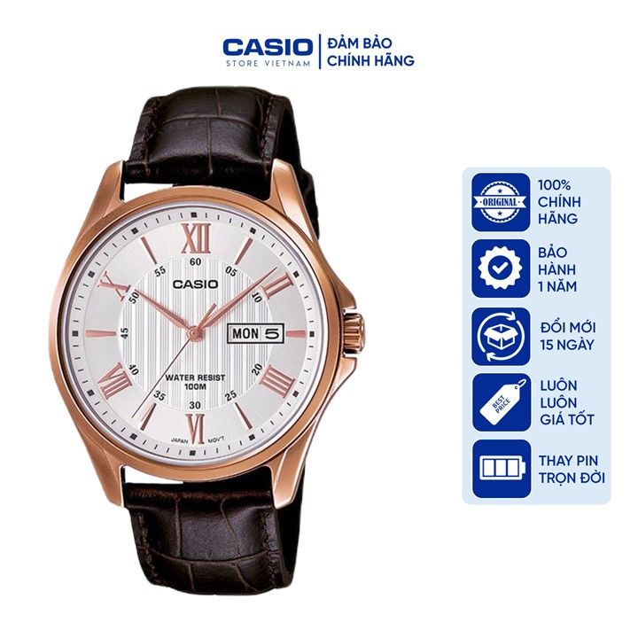 Đồng hồ Nam Casio MTP-1384L-7AV, đồng hồ chính hãng, dây da nâu, mặt trắng, viền hồng