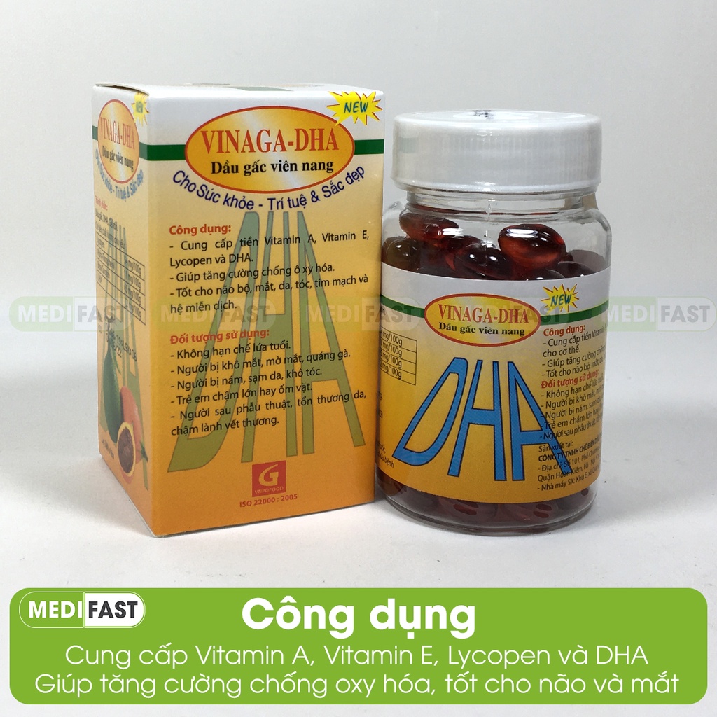 Dầu gấc viên nang Vinaga - DHA - Cho sức khỏe - Trí tuệ và Sắc đẹp - Lọ 100 viên