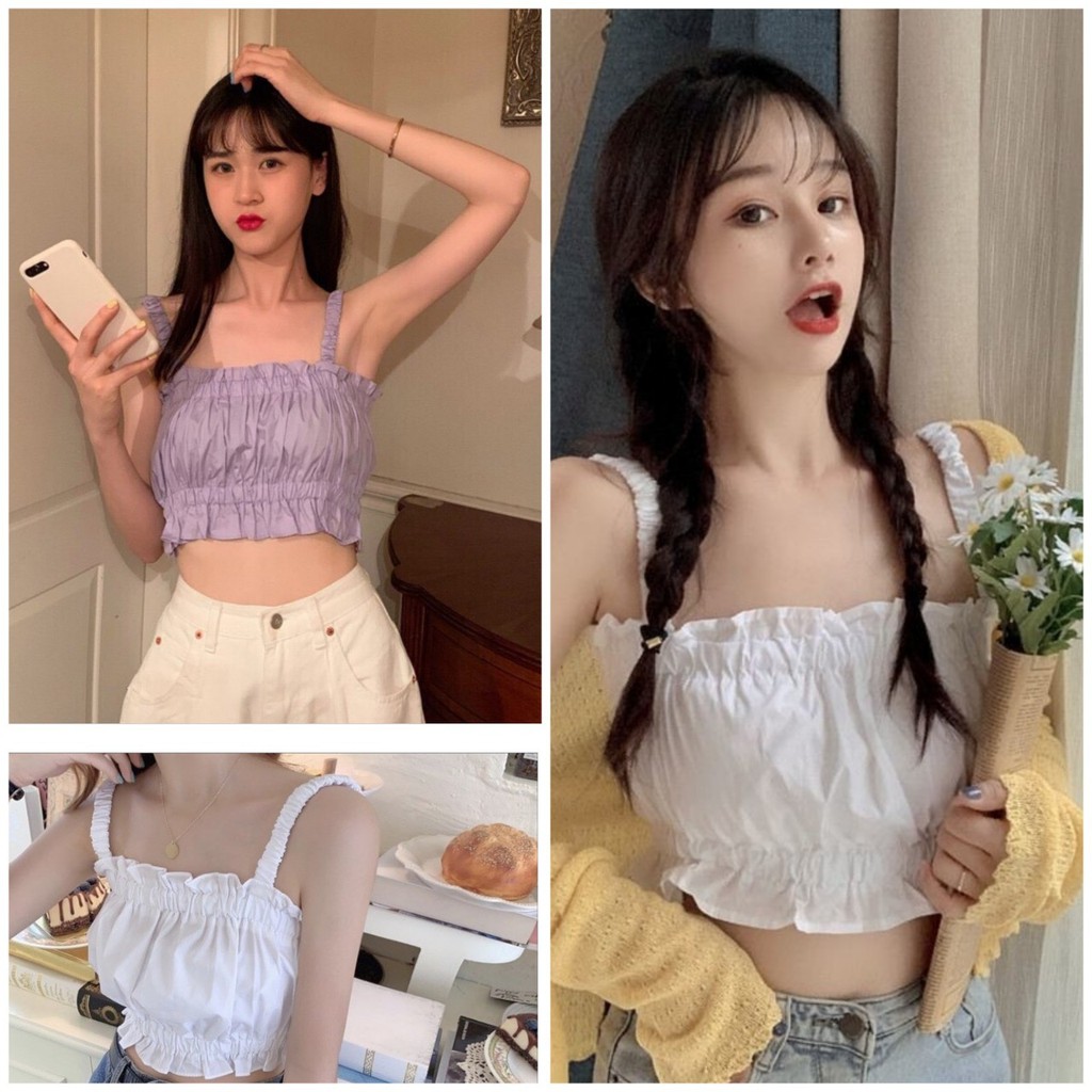 Áo Croptop 2 Dây Đũi Siêu Xinh ☘ Áo Dây Nữ Viền Bèo 2 Màu 🦋