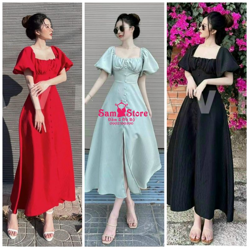 Đầm Xòe Maxi Nút Bọc Tay Phồng DX011 Vải Đũi 53kg M SamStore