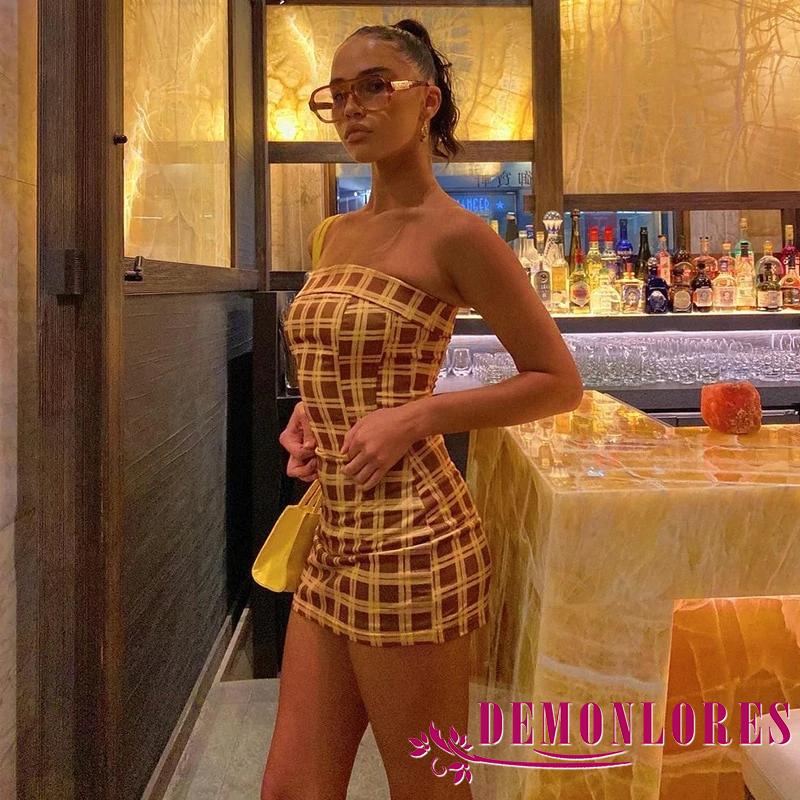 DEMQ-Women Two-piece Skirt Suit Yellow Plaid Print Bodycon Tube Tops and Elastic Waist Wrap Skirt