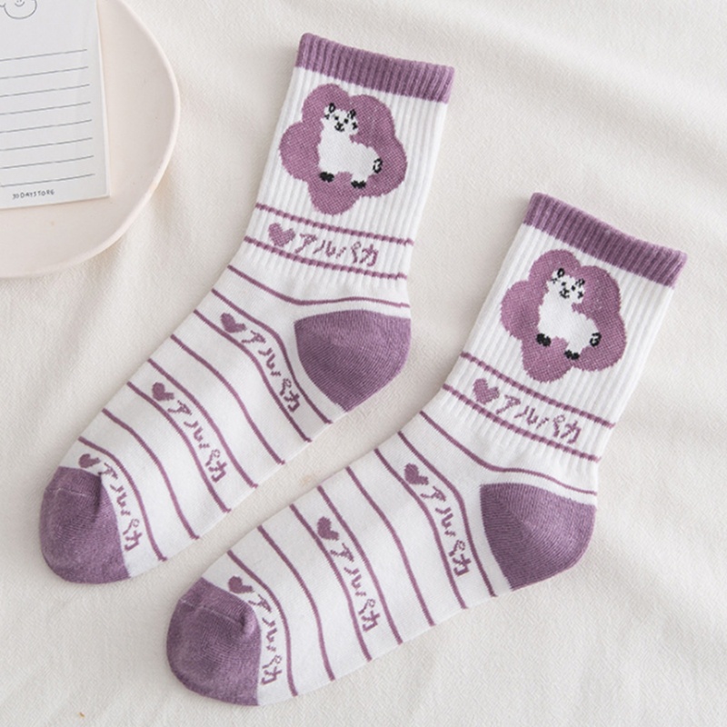 Vớ Cotton Họa Tiết Sọc Tím / Trắng In Hình Chú Cừu Hoạt Hình Dễ Thương Cho Nữ