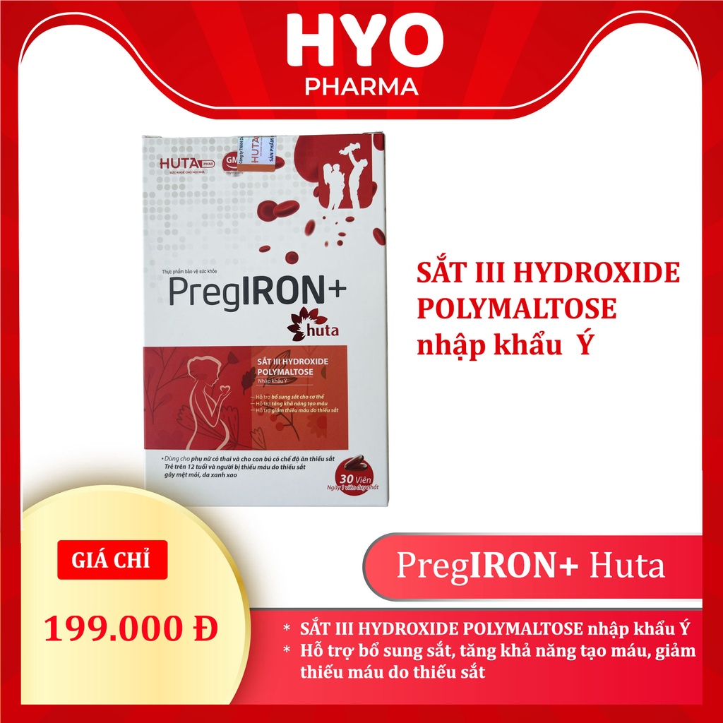 PregIRON+ Huta bổ sung Sắt III Hydroxide Polymaltose nhập khẩu Ý, Acid Folic, DHA, Orafit và Vitamin nhóm B cho bà bầu