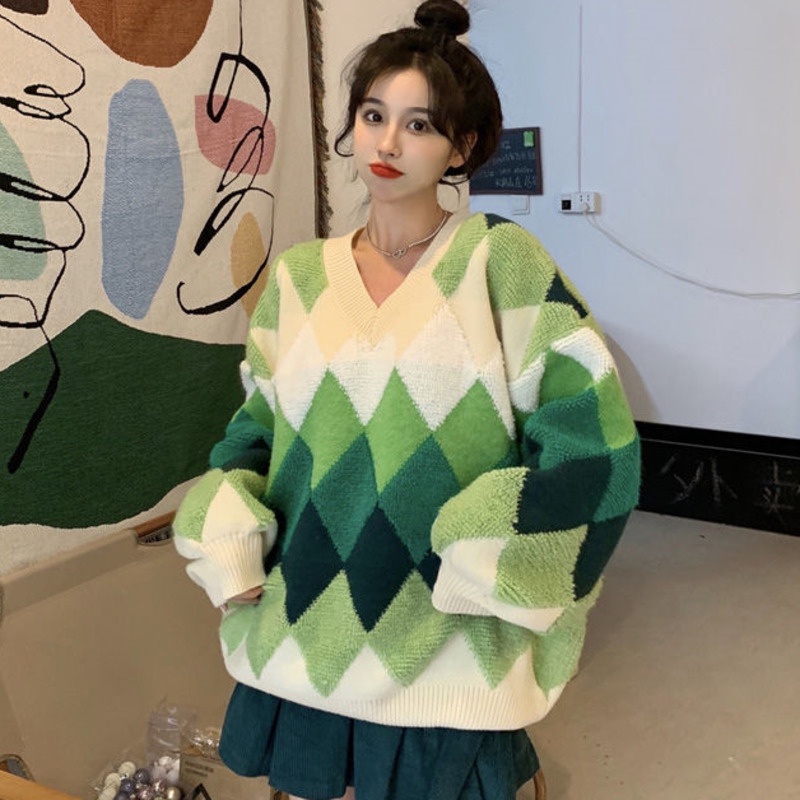 Áo Len Tay Dài Cổ Chữ v Form Rộng Họa Tiết Hình Thoi Phong Cách Hàn Quốc Dễ Phối Đồ