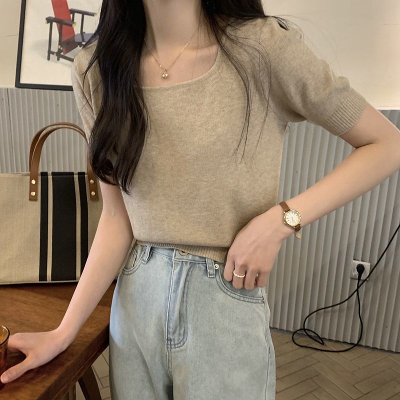Áo Dệt Kim Ngắn Tay Cổ Vuông Màu Trơn Đa Năng Phong Cách Hàn Quốc Thời Trang Xuân Hè
