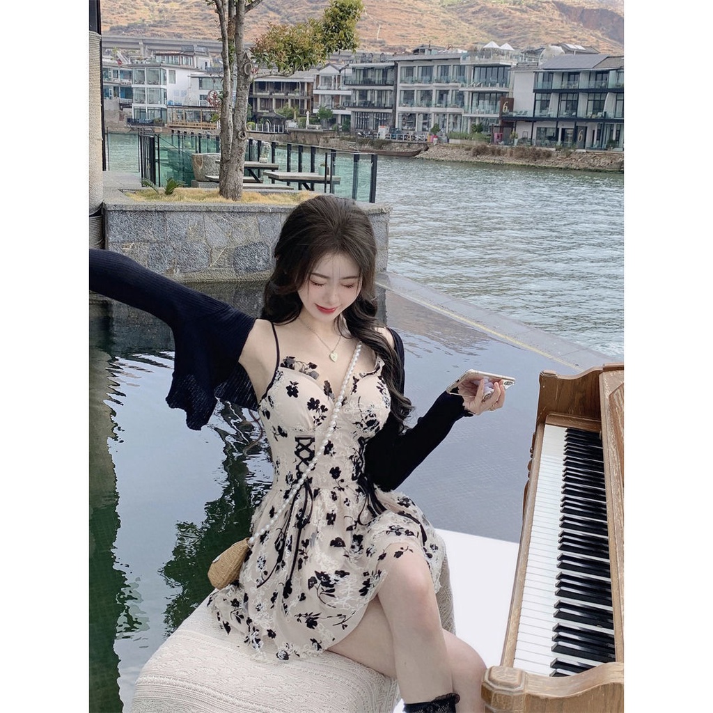 Bộ Đồ✨✨ Đầm Hoa Hai Dây Thời Trang Gợi Cảm✨✨ Set Áo Cardigan Cổ Chữ V + Chân Váy Lưng Cao Thời Trang Mùa Hè Phong Cách Mới