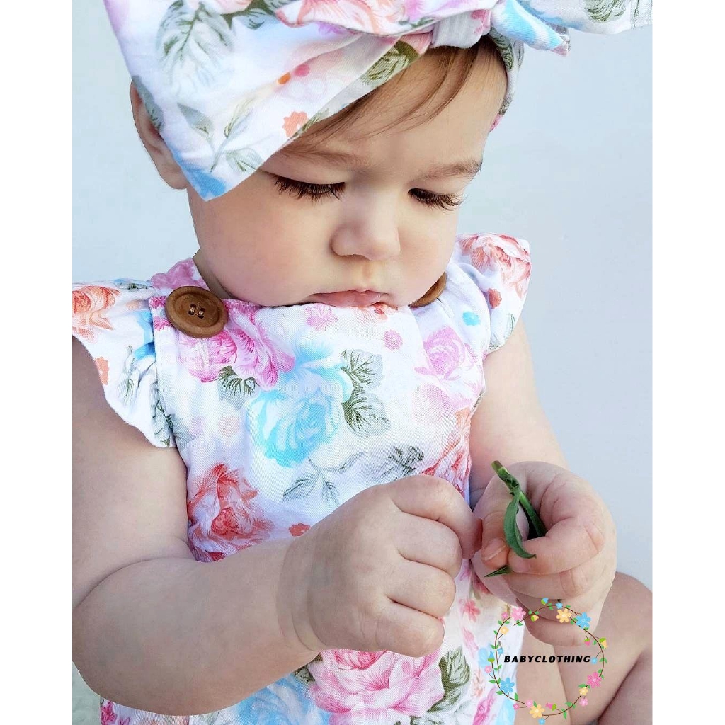 Bộ áo liền quần một mảnh họa tiết in hoa dễ thương + băng đô cho bé