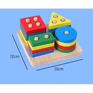ĐỒ CHƠI GỖ MONTESSORI THẢ HÌNH VÀO 4 CỘT TRỤ