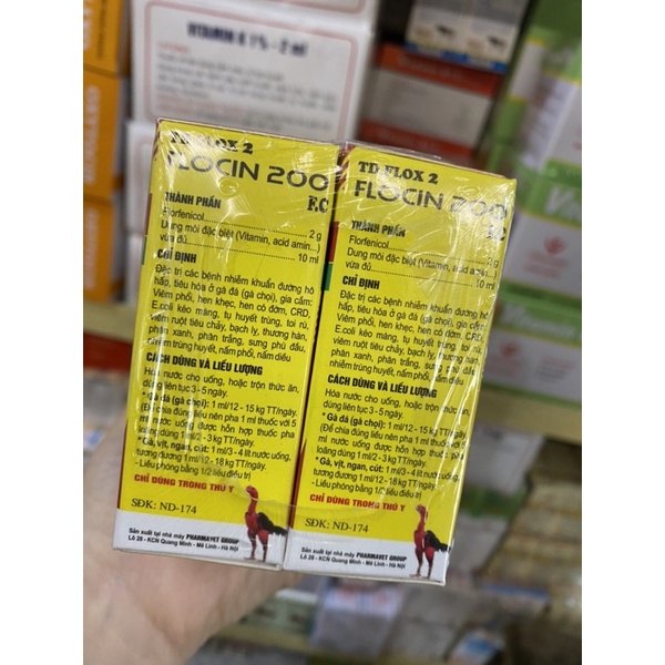 Flocin 200 - bộ sản phẩm viêm phổi, hen phân xanh phân trắng gà chọi, gà đá, chim cảnh 10ml
