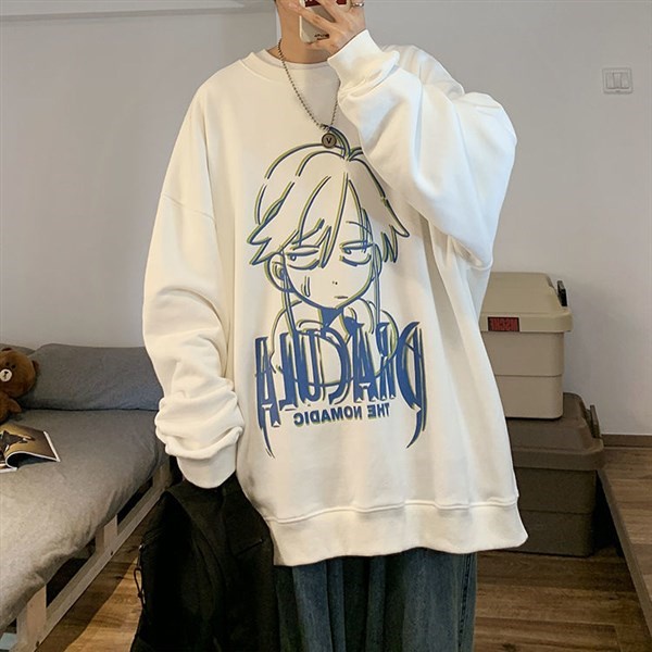 Áo Sweater Cổ Tròn Lót Nhung Dáng Rộng In Họa Tiết Hoạt Hình Thời Trang Cho Nam Size M-5XL