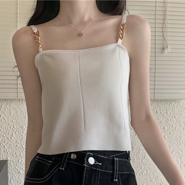 Áo Hai Dây Dệt Kim Màu Sữa Phong Cách Pháp Ngọt Ngào Cho Nữ