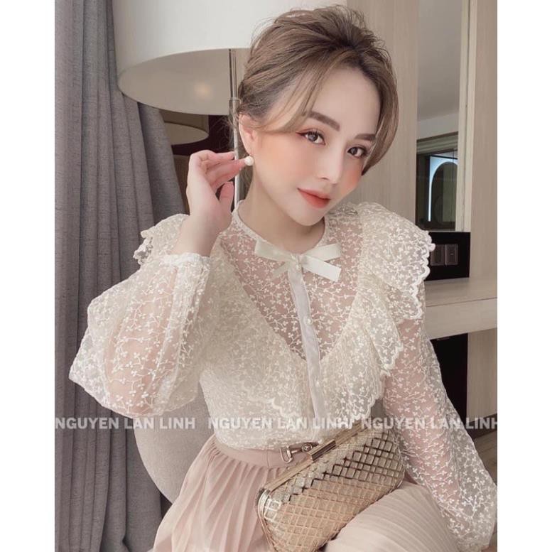 Áo sơ mi ren hạt tay bồng
