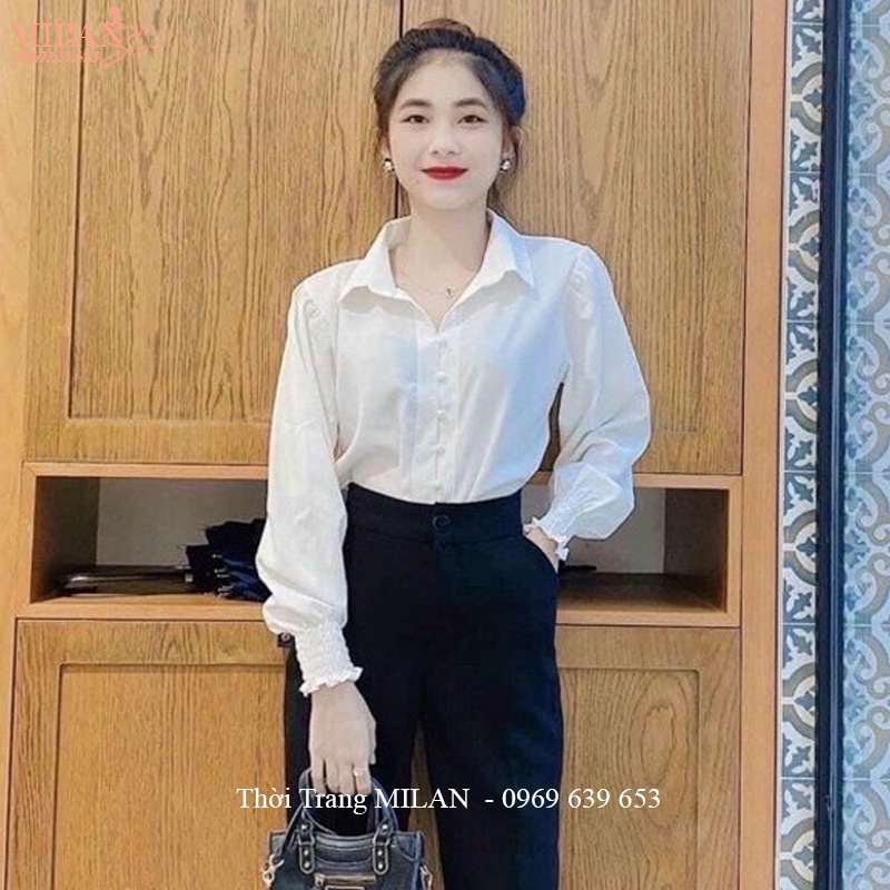 Áo sơ mi trắng nữ đi học làm công sở kiểu tay dài bo chun nhúm cổ bẻ V - Áo sơ mi nữ form rộng dài tay chất vải lụa mềm