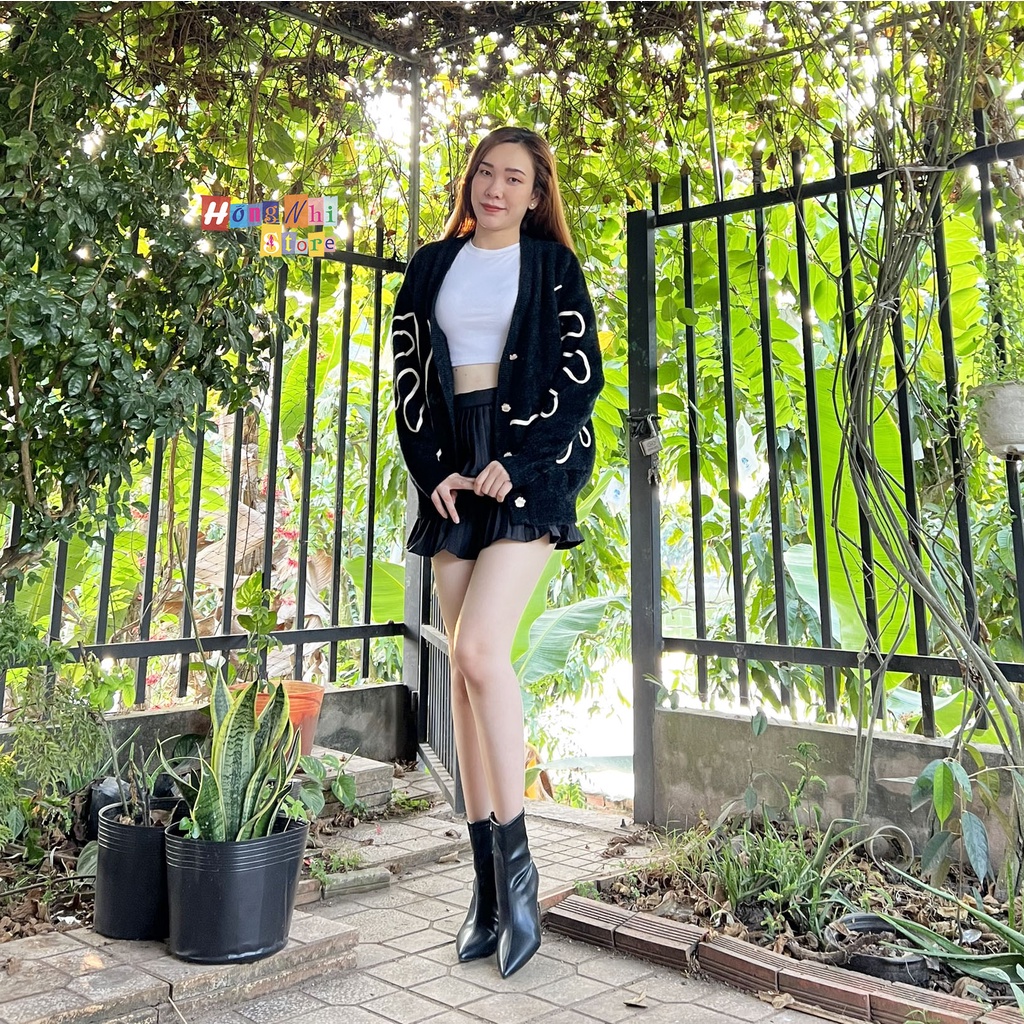 Áo Khoác Cardigan Len Lông Cúc Gài Phối Sọc Dáng Rộng Cao Cấp Ulzzang