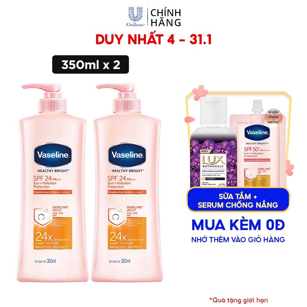 Combo 2 Sữa dưỡng thể chống nắng và dưỡng sáng SPF24 PA++VASELINE Healthy Bright Sun + Pollution Protection 350ML/chai | BigBuy360 - bigbuy360.vn