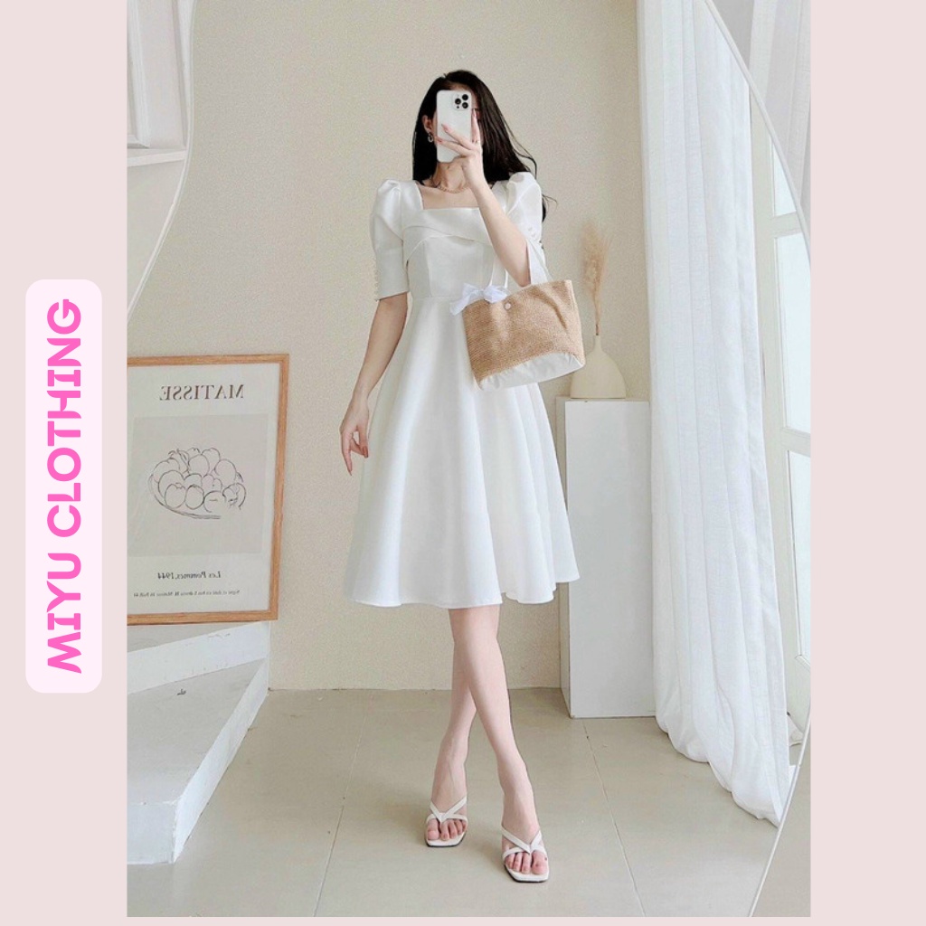 Đầm đi đám cưới váy dự tiệc dài tay lửng váy nữ trắng ngắn dài xòe chất liệu cotton gân mịn 2 lớp MiyuClothing