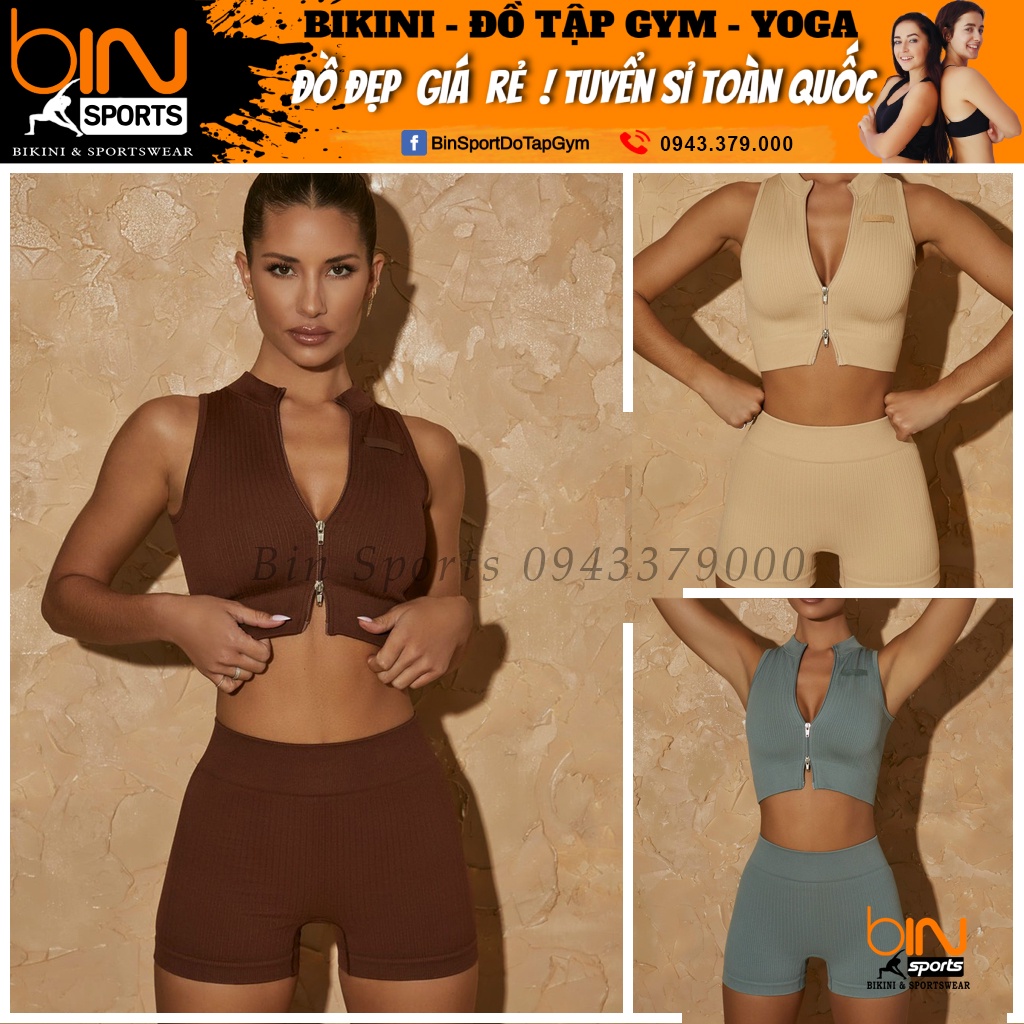 Bộ đồ tập gym yoga thể thao nữ, set quần đùi chun mông áo crop ba lỗ khóa kéo dệt kim cao cấp Bin Sports BN054