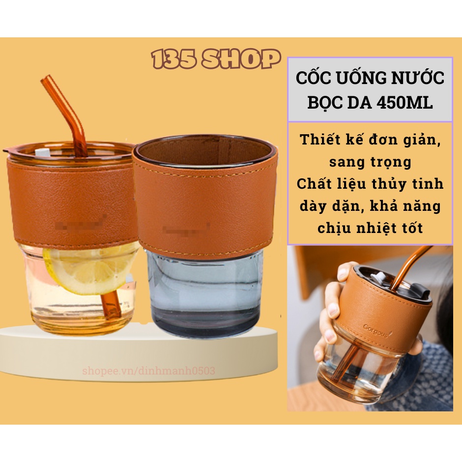 Cốc Thủy Tinh Uống Nước Bọc Da Có Ống Hút – Ly Uống Nước Vỏ Da Chịu Nhiệt Tốt Dung Tích 450ml