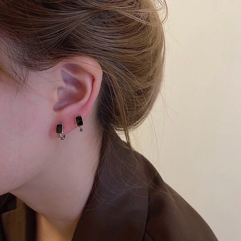 Bông tai bạc khoen tròn chữ nhật màu đen bạc 925 Minh Tâm Jewelry